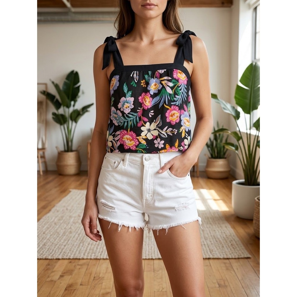 C&C California Floral Crop Top Boho Womens M Black NWT Linen Blend Tie Shoulder